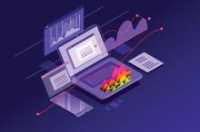 Illustration of a digital workspace featuring a laptop, smartphone, and tablet displaying various graphs and documents, all set against a purple abstract background.