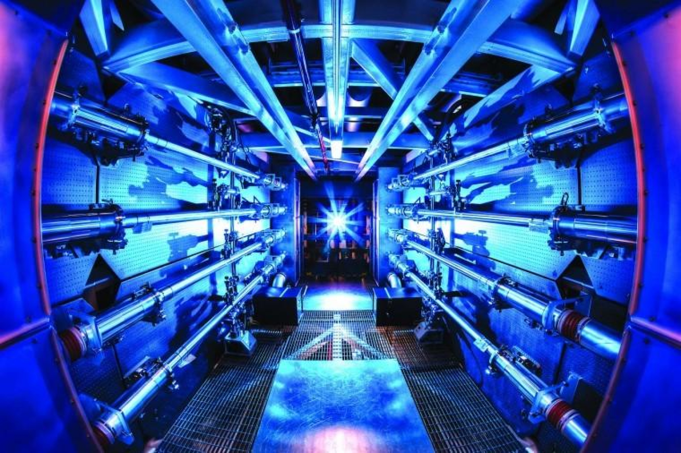 Blue hue of the preamplifiers of the National Ignition Facility (NIF) at Lawrence Livermore National Laboratory..