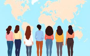An image of seven women look at the world map