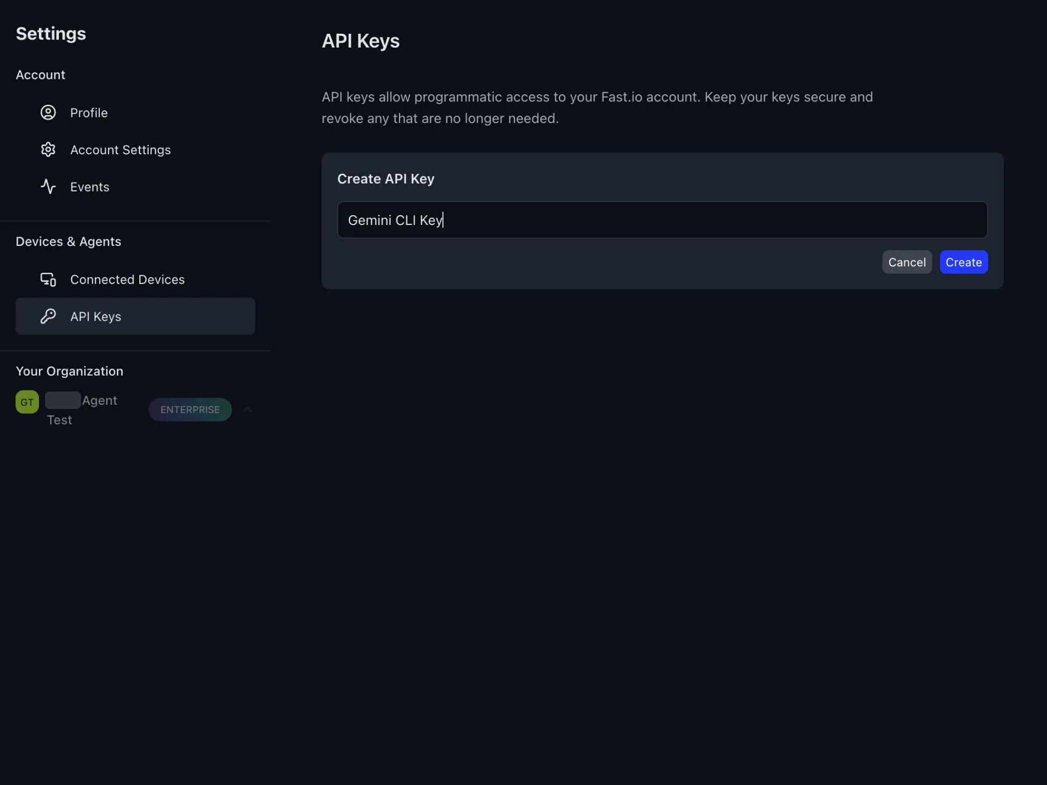 Fastio Create API Key dialog