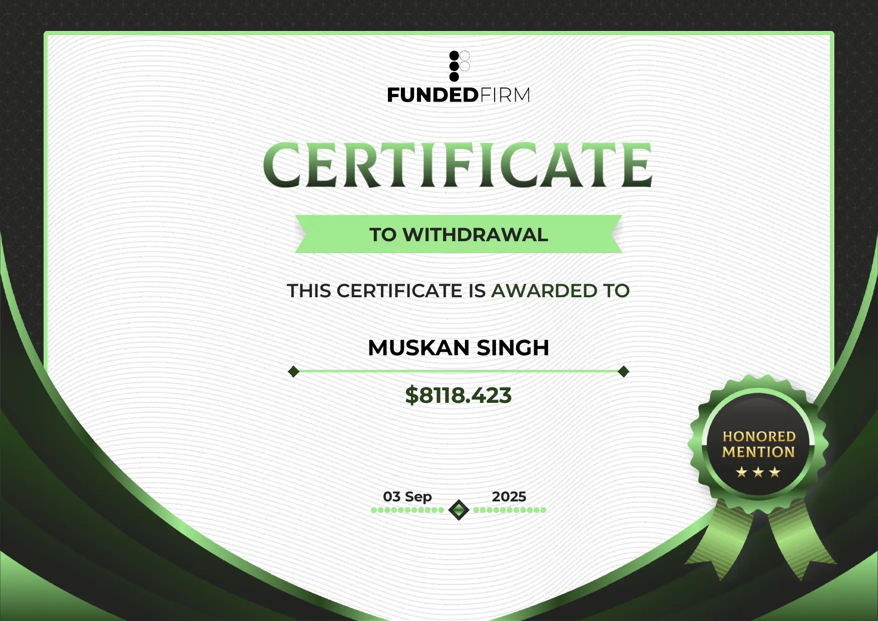 Muskan Singh: $8,000 payout FundedFirm payout certificate for Muskan Singh, $8,000