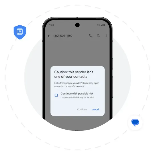 На экране Android показан пример оповещения системы безопасности при использовании Google Сообщений. Позади телефона&nbsp;– сплошной серый круг и прерывистая окружность с двумя синими значками безопасности на ней.