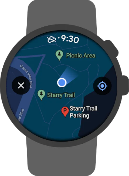 「Google 地圖」在智能手錶的步道地圖上顯示使用者位置。被劃線穿過的浮雲圖示代表離線功能。