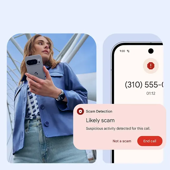 A casually-dressed woman holds her Pixel phone in her hand and looks off to the side. On the right, the phone displays a warning message that an incoming call is likely a scam. 