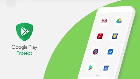 Un graphique promotionnel pour Google Play Protect montrant un smartphone blanc avec plusieurs icônes d'application sur son écran, sur un fond minimaliste vert et blanc.