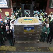 An aid lorry with 47,000 bars of soap leaves the warehouse at Soapworks in 2022, heading for Ukrainian refugees on the Polish border