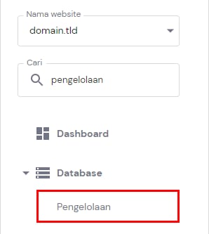 Panel Hostinger hPanel, menu Database > Pengelolaan disorot