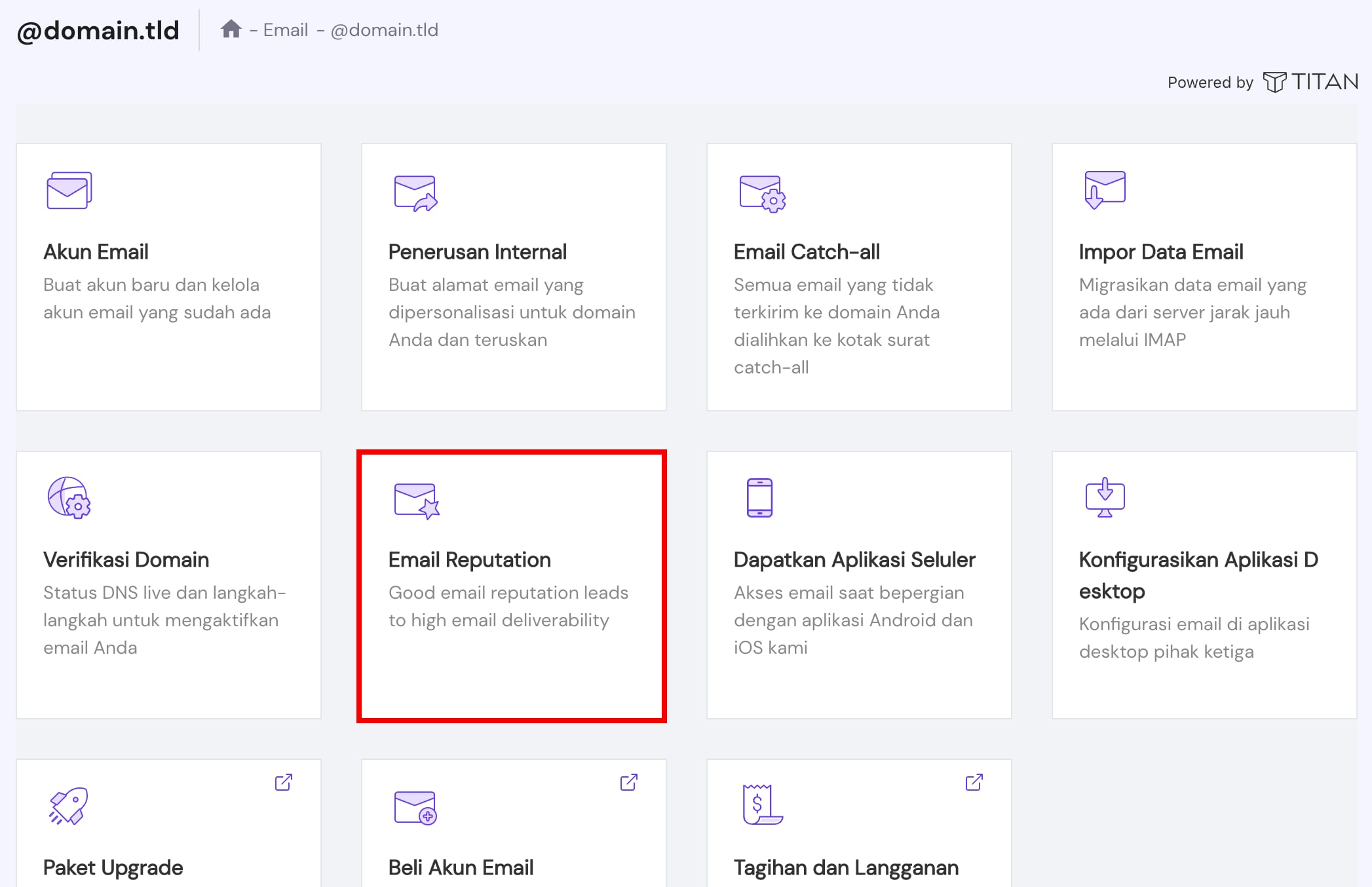 Titan Email: kartu Email Reputation disorot pada dasbor Hostinger