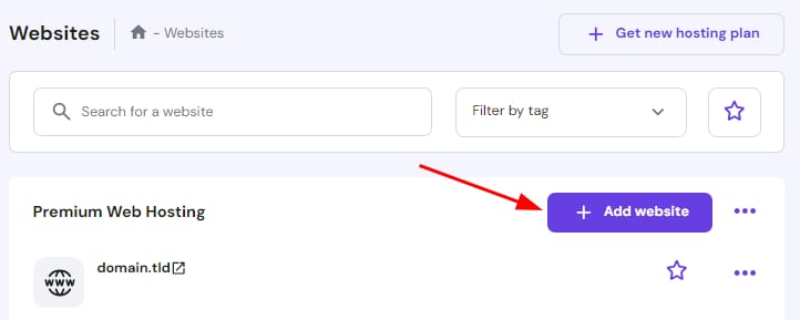 The Add website button on the Websites page of hPanel.
