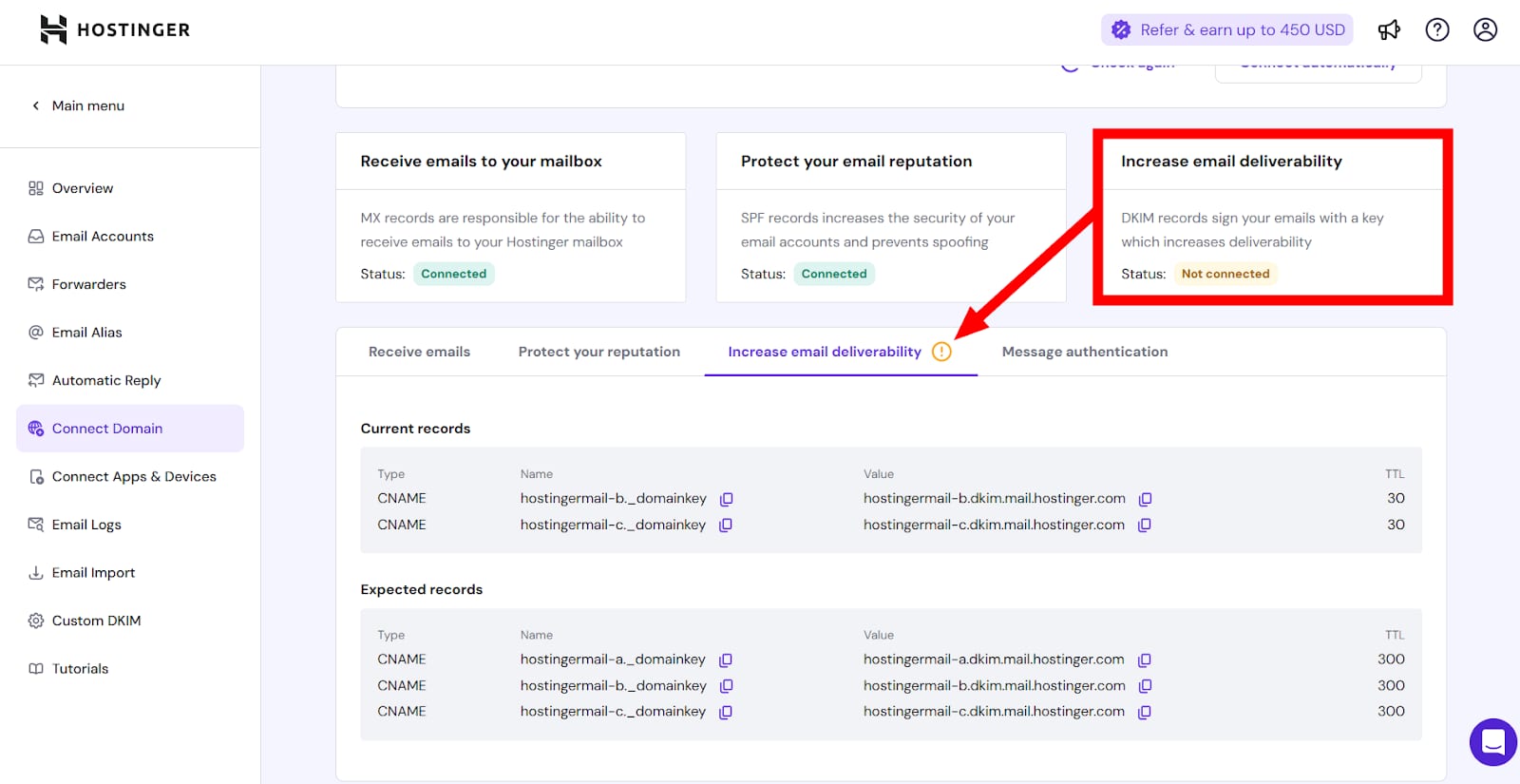 Hostinger email settings with the Increase email deliverability tab highlighted