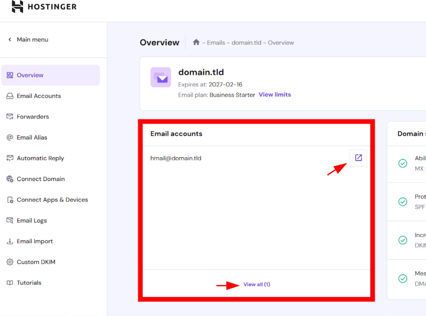 Hostinger Email accounts overview with the View all link highlighted