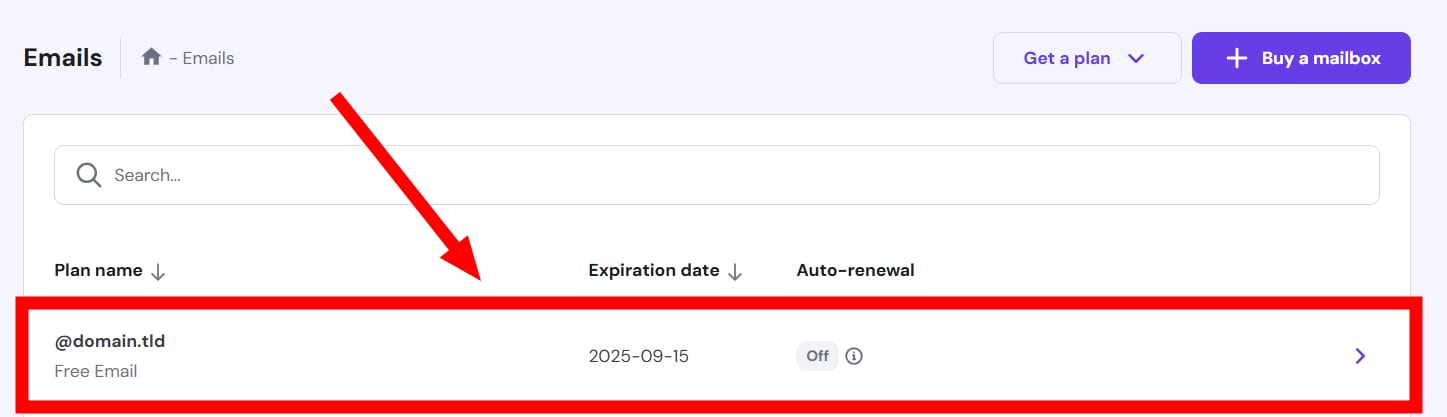 Hostinger Emails page showing highlighted Free Email plan row for @domain.tld