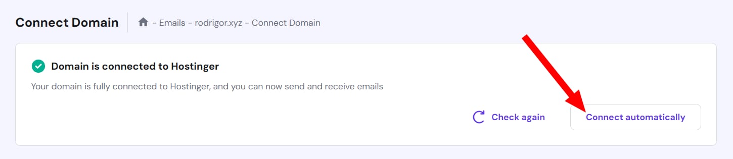 Hostinger Emails page with the Connect automatically button highlighted