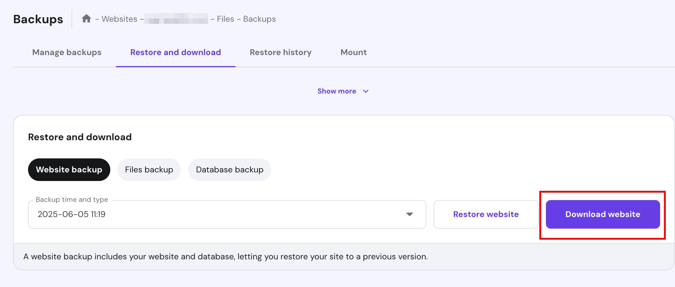 Hostinger website backup page with Download website button highlighted