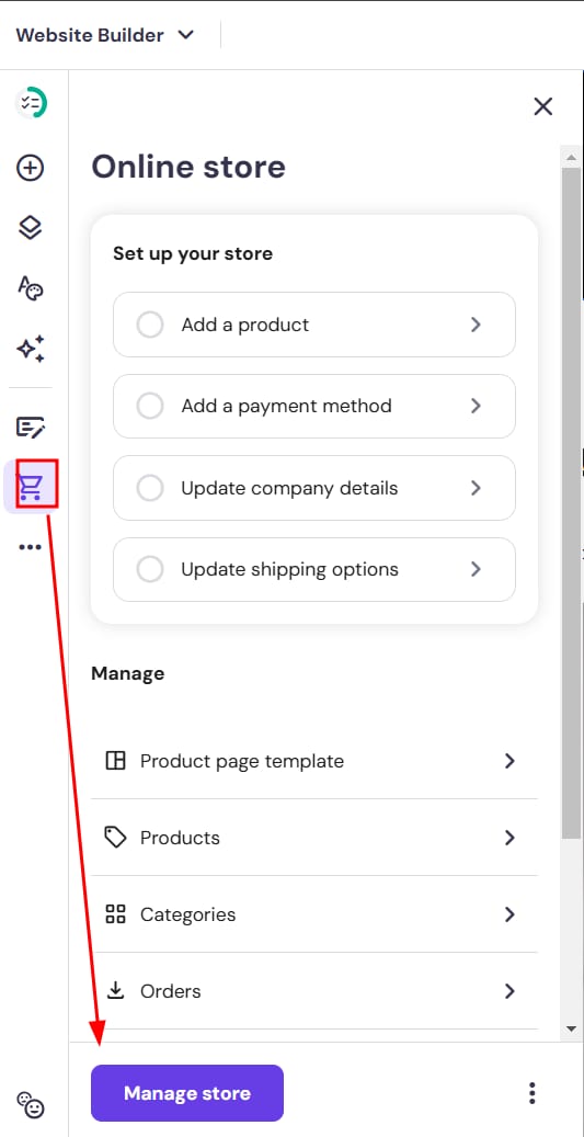 Hostinger Website Builder Online store panel with the Manage store button highlighted