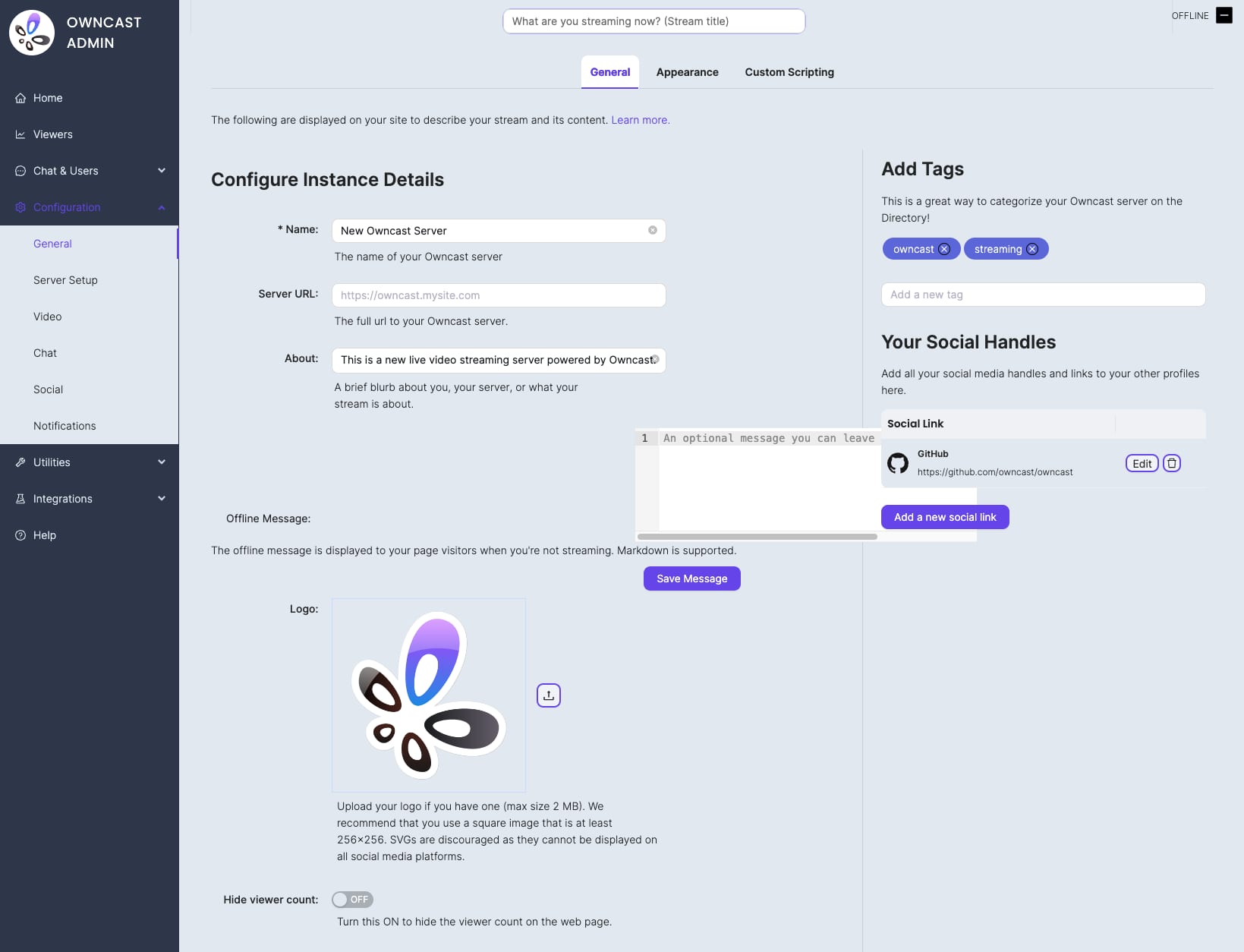 Owncast admin configuration screen with the social link popup open on the right