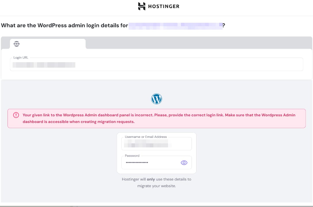 Hostinger WordPress migration form showing an error for incorrect admin login URL