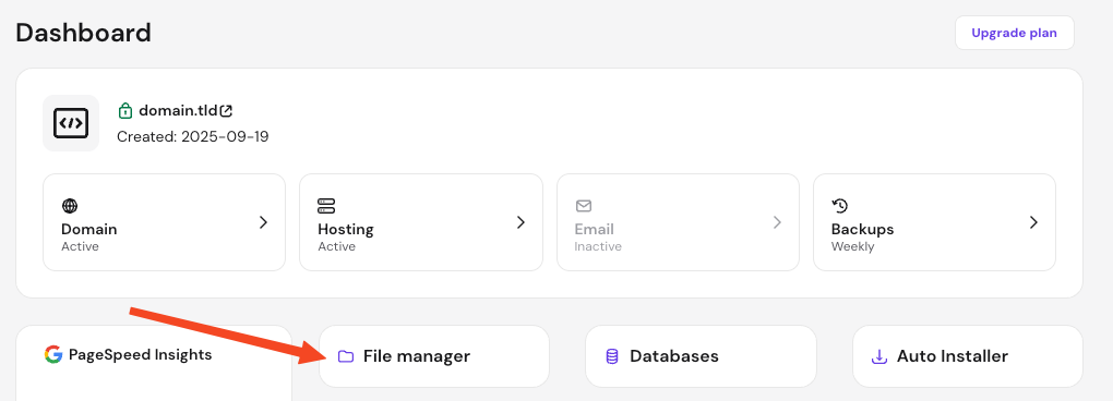 Hostinger hPanel dashboard with File manager shortcut highlighted