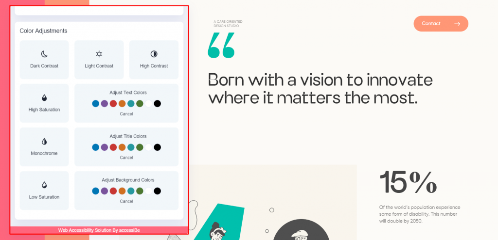 Accessibility features on the Display's website showing color adjustments, like changing the text colors or making the site monochrome.