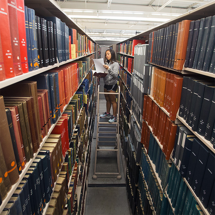 Person on ladder between two shelves full of books