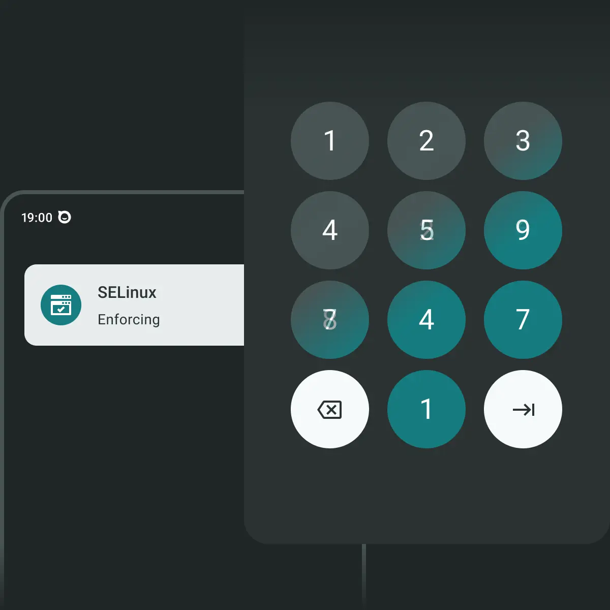 Two overlapping abstract screens, the left showing a Trust protocol notification and the right showing a PIN input being scrambled to protect against memorization