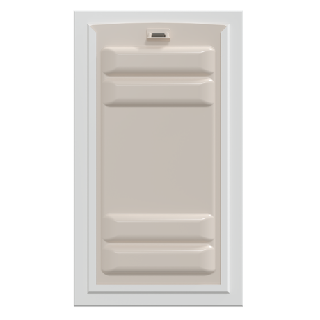 Liberty wall-mount dog door, aluminum frame with a rigid horizontally-ridged locking cover installed, shown front-on against a neutral background.
