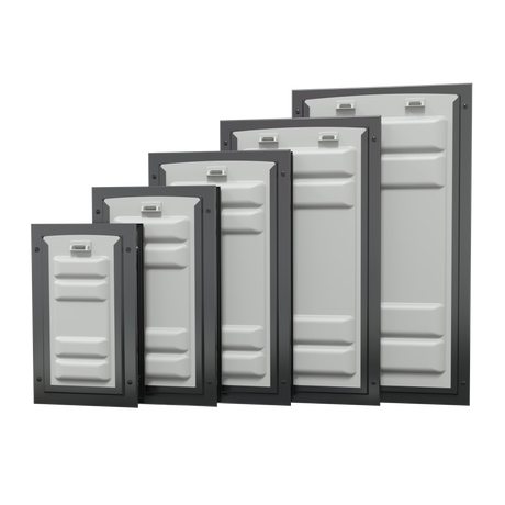 Endura Flap pet door for exterior doors, five sizes of the door-mount unit with locking covers installed, arranged smallest to largest in a stepped cascade against a black background.