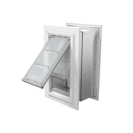 Endura Flap pet door for walls, white frame in xl single flap size, isometric view with the outside flap swung open to the left and the inside flap visible inside the silver tunnel.