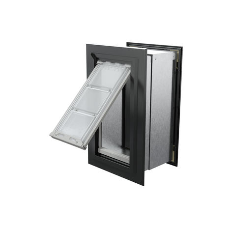 Endura Flap dog door for walls, black aluminum frame in a large single flap size, isometric view with the flap swung open to the left and the silver tunnel interior visible.