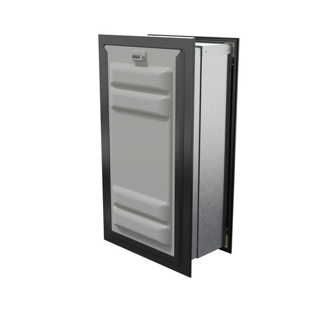 Endura Flap dog door for walls, black aluminum frame in a medium double-flap size with the white ribbed locking cover installed, shown in isometric view.