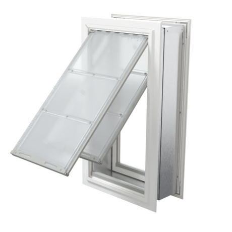 Endura Flap dog door for walls, the E340XL family wall-mount model in a white frame with the large transparent four-rib flap panel tilted open at roughly 50 degrees, isometric view against a neutral background.