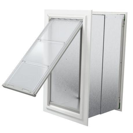 Endura Flap pet door for thick walls, white aluminum frame in a large single flap size, isometric view with the flap swung open and the silver tunnel visible inside the deep-wall opening.