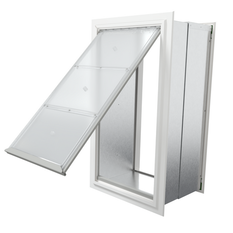 Endura Flap pet door for thick walls, white frame in a large single flap size, isometric view with the very large flap swung open and the silver tunnel visible.