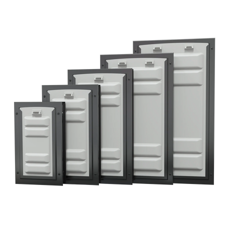 Endura Flap pet door for thick walls, five sizes of the deep-wall unit in black aluminum frames with locking covers installed, arranged smallest to largest in a stepped cascade against a black background.