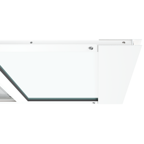 Endura Flap Thermo Sash 3e pet door for sash windows, white aluminum sash window insert close-up of the top assembly area against a neutral background.