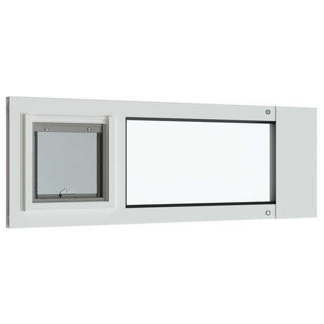Liberty cat door for sash windows, white aluminum sash insert with frame depth visible, the pet door flap closed on the left and a clear glass pane on the right, shown in three-quarter view.