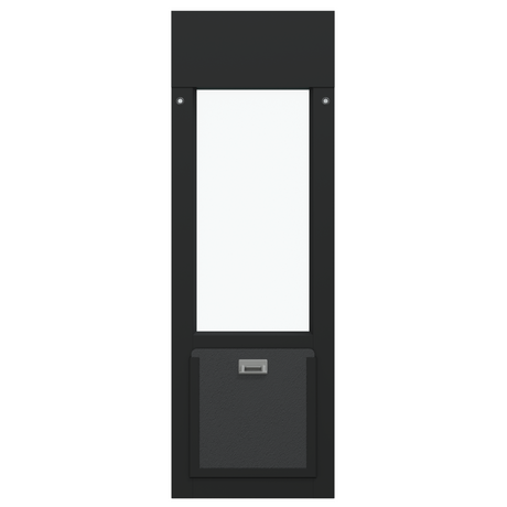 Liberty cat door for horizontal sliding window, vertical black aluminum window insert with the dark rigid locking cover installed over the pet door opening, shown front-on.