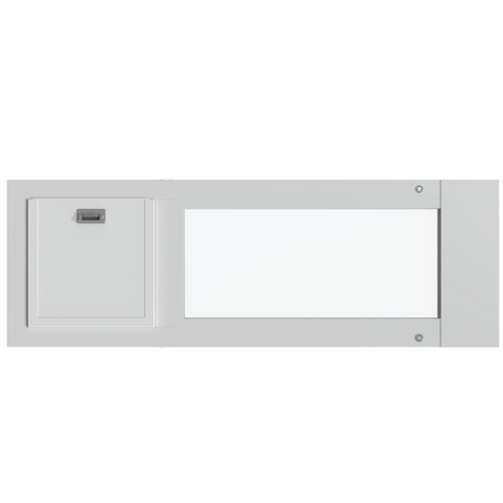 Liberty cat door for sash window, wide horizontal sash insert with the white locking cover over the pet door opening on the left and a clear glass pane on the right, shown front-on.