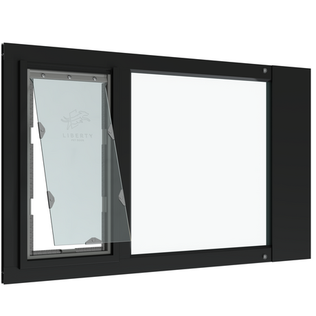 Liberty pet door for black sash windows, wide horizontal black aluminum sash insert with the pet door flap angled open on the left and a clear glass pane on the right, shown in three-quarter view.