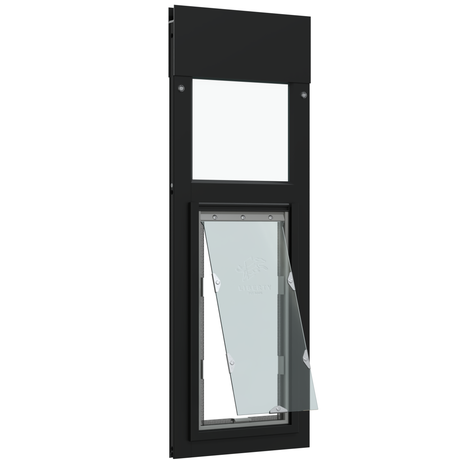 Liberty pet door for black horizontal sliding window, vertical black aluminum window insert with the pet door flap angled open and a glass pane in the upper section, shown in three-quarter view.