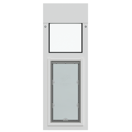 Liberty pet door for white horizontal sliding windows, vertical white aluminum window insert with a clear glass pane in the upper section and the pet door flap closed at the bottom, shown front-on.