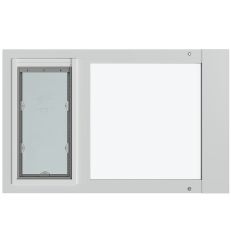 Liberty pet door for white sash windows, wide horizontal white sash insert with the pet door flap closed on the left and a clear glass pane on the right, shown front-on.