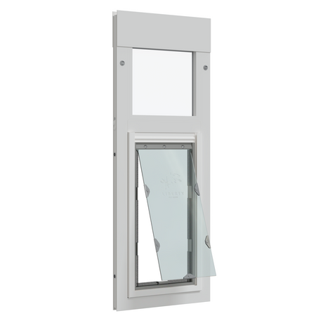 Liberty pet door for white horizontal sliding windows, vertical white vinyl window insert with the pet door flap angled open and a clear glass pane in the upper section, shown in three-quarter view.
