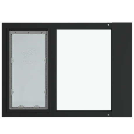Liberty pet door for black sash windows, wide horizontal black aluminum sash insert with the closed translucent flap on the left and a clear glass pane on the right, shown front-on.