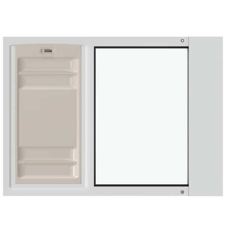 Liberty pet door for white sash windows, wide horizontal white aluminum sash insert with the tan rigid locking cover over the pet door opening and a clear glass pane on the right, shown front-on.