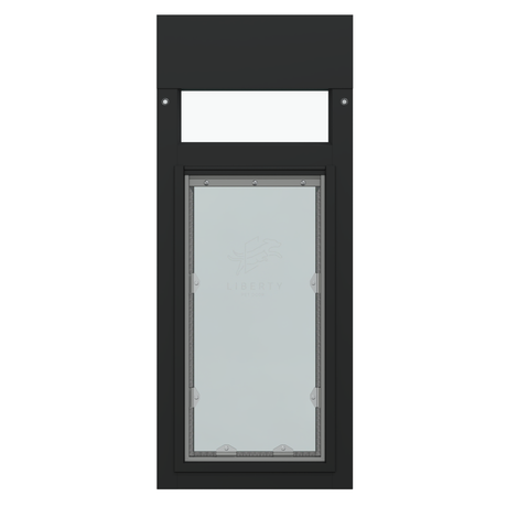 Liberty pet door for black horizontal sliding windows, vertical black aluminum window insert with a short filler panel at the top and the closed translucent flap below, shown front-on.