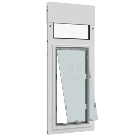 Liberty pet door for white horizontal sliding windows, vertical white aluminum window insert with the rigid pet flap pushed open and a glass viewing window above, shown in three-quarter view.