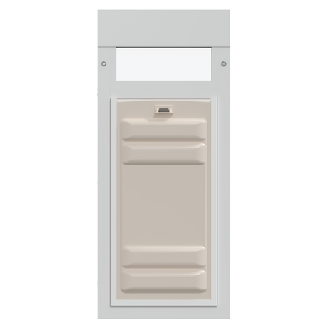Liberty pet door for white horizontal sliding window, vertical white vinyl window insert with the tan locking cover over the pet door opening and a glass viewing window above, shown front-on.