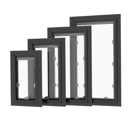 Liberty wall-mount dog door, four black aluminum through-wall frame assemblies in graduated sizes shown in isometric comparison view.