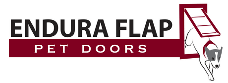 Endura Flap pet door for thick walls, the Endura Flap Doggy Doors brand logo on a white background with the wordmark in dark charcoal, a maroon banner reading PET DOORS, and a stylized line-art terrier leaping out of a small red pet door.